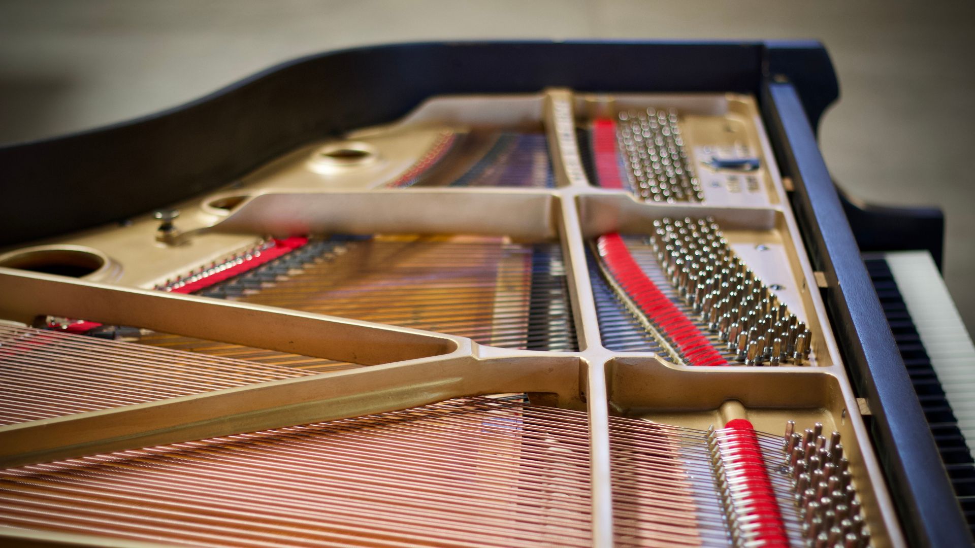 A close up of a piano with many strings