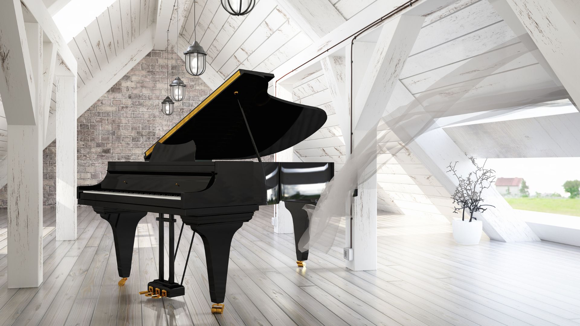 A black piano in a room with white walls